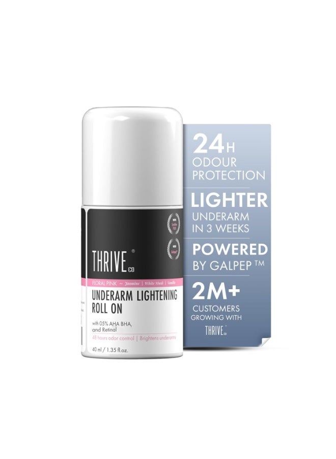 ThriveCo Underarm Lightening Roll-On with 5% AHA BHA & Retinol – 24H Odour Control, Brightens Underarms & Reduces Discolouration for Smooth & Even Skin, For Men & Women | 40 ml (Floral Pink) - Image 1
